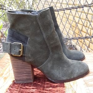 Sbicca Green Suede Stacked Heel Bootie with Buckle Detail.